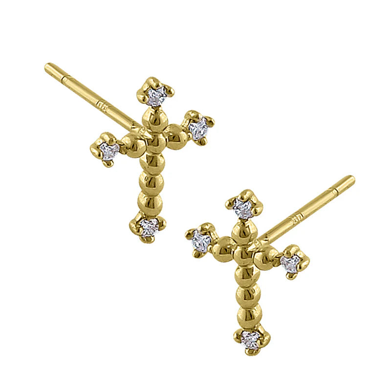 YELLOW GOLD ROUNDED CROSS DIAMOND EARRINGS