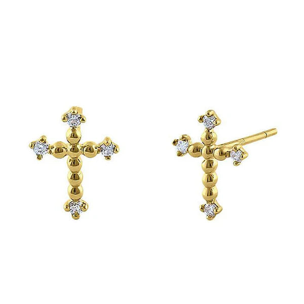 YELLOW GOLD ROUNDED CROSS DIAMOND EARRINGS